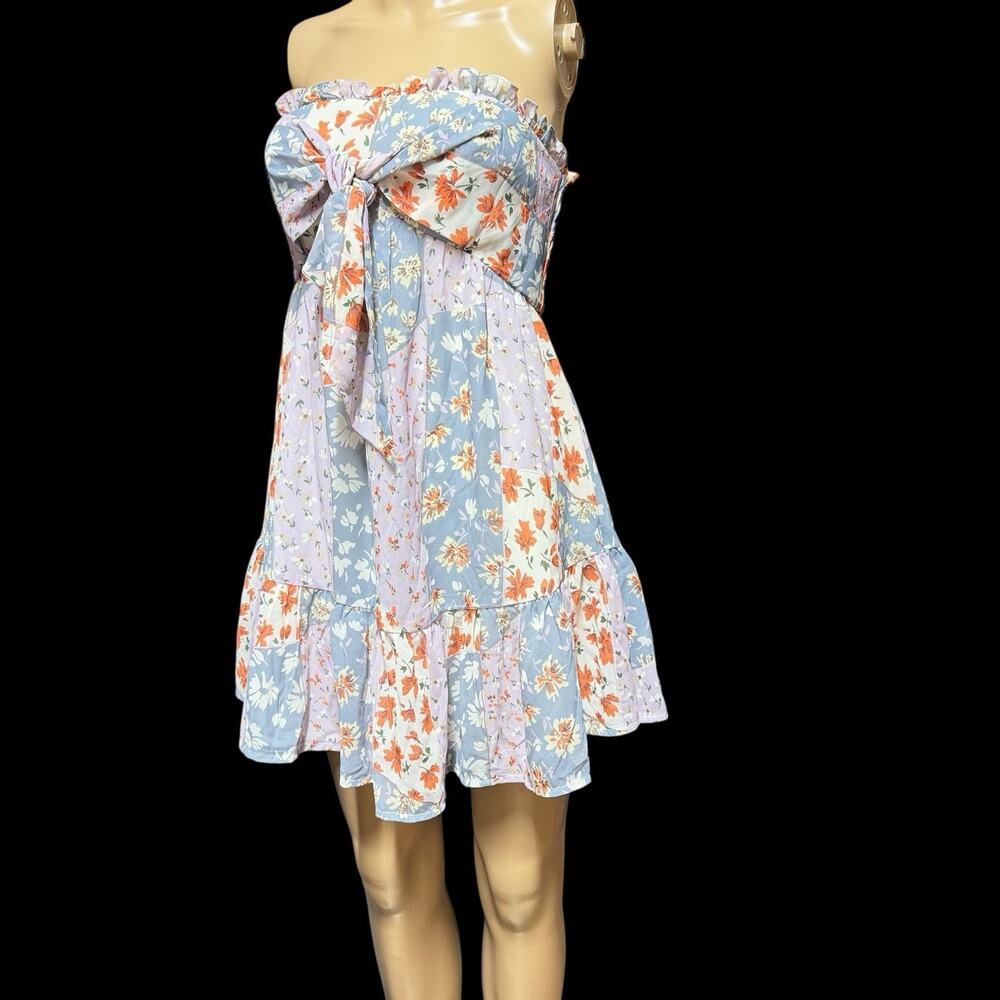 Hello Molly Womens Strapless Babydoll Mini Dress Blue Lilac Sz XS Patchwork